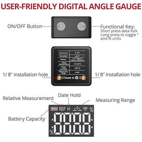 Binta Small Digital Angle Finder Magnetic ، IP54 IP54 مقاوم للماء مقاوم للزاوية الرقمية المقاوم للزاوية الرقمية ، أداة قياس زاوية الإضاءة الخلفية المحمولة للأعمال الخشبية ، البناء ، الآلات ، DIY in Kuwait