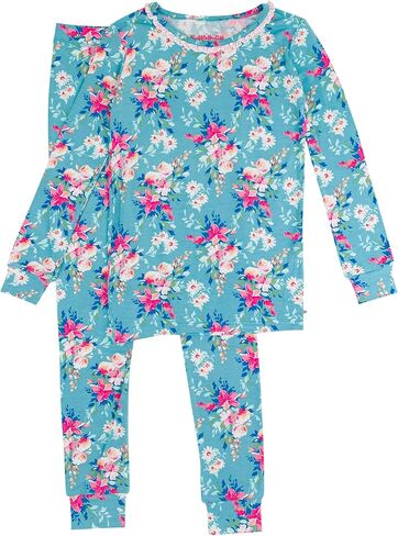 طقم بيجامة RuffleButts SoftSnooze Viscose من Bamboo Girls بأكمام طويلة مكشكشة - تويلي حديقة الفراشة الوردية للأطفال، 9/10 in Kuwait