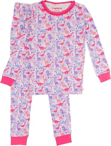 طقم بيجامة RuffleButts SoftSnooze Viscose من Bamboo Girls بأكمام طويلة مكشكشة - تويلي حديقة الفراشة الوردية للأطفال، 9/10 in Kuwait