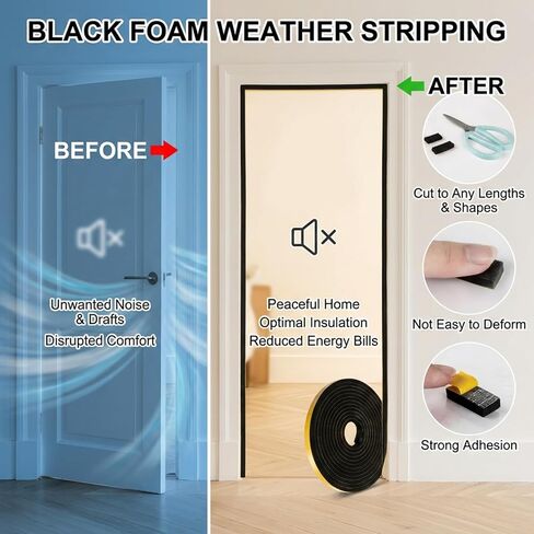 Weather Stripping Door Seal Strip - 16 Feet 1/2" x 1/4" Strong Adhesive Insulation Foam Tape for Front Door Frame, Window Weather Stripping, Soundproof & Windproof, Black in Saudi Arabia