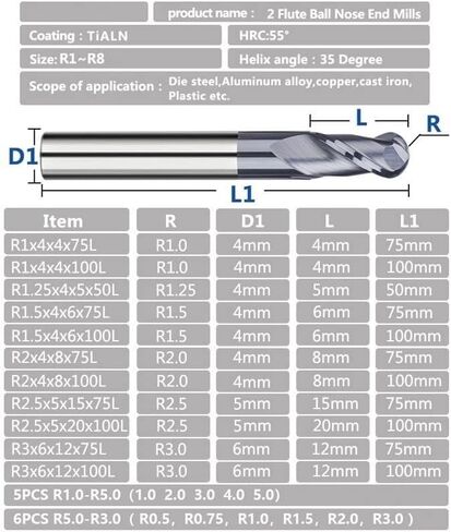 1 قطعة اثنين من المزامير الصلبة كربيد الكرة الأنف نهاية المطاحن CNC بت R0.5-R6.0 قاطعة المطحنة آلة راوتر بت أدوات in Kuwait