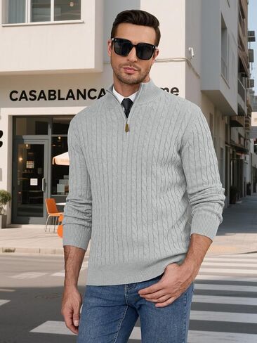 Auxo Men's Quarter Zip Pullover Sweater Cable Knit Casual Stand Collar Texture Knitted Sweaters in Saudi Arabia