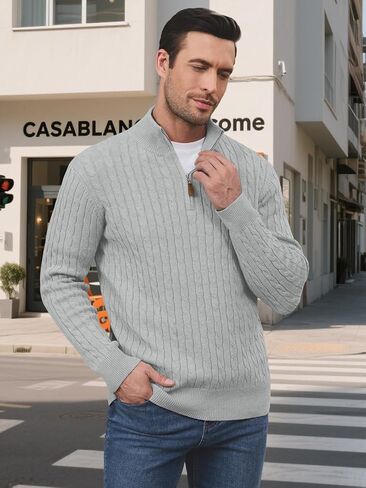 Auxo Men's Quarter Zip Pullover Sweater Cable Knit Casual Stand Collar Texture Knitted Sweaters in Saudi Arabia