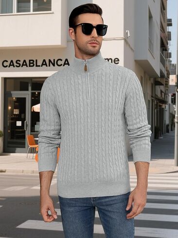 Auxo Men's Quarter Zip Pullover Sweater Cable Knit Casual Stand Collar Texture Knitted Sweaters in Saudi Arabia