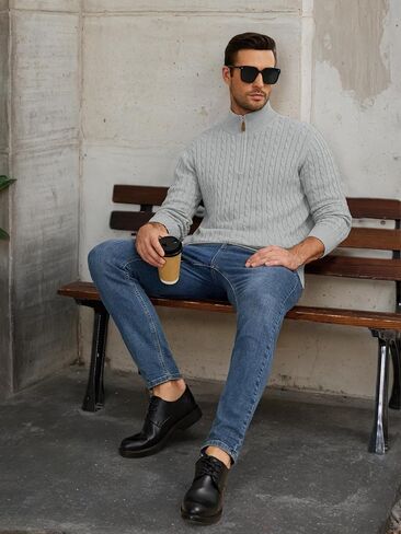 Auxo Men's Quarter Zip Pullover Sweater Cable Knit Casual Stand Collar Texture Knitted Sweaters in Saudi Arabia