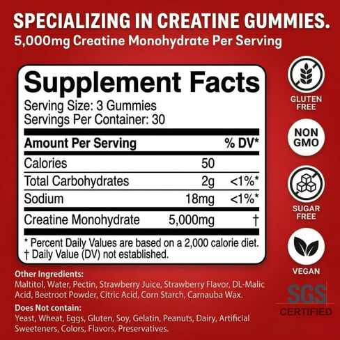 99.9% Creatine Monohydrate Gummies, SGS Certified, 5000mg Creatine Gummies for Men & Women, Support Muscle Strength, Recovery & Stamina, Sugar Free, Vegan, Non-GMO, Strawberry Flavor, 90 Count in Saudi Arabia