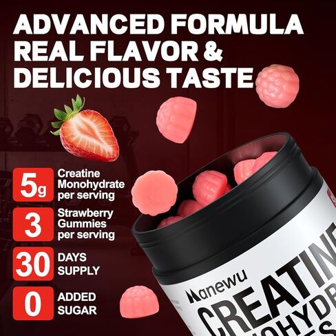 99.9% Creatine Monohydrate Gummies, SGS Certified, 5000mg Creatine Gummies for Men & Women, Support Muscle Strength, Recovery & Stamina, Sugar Free, Vegan, Non-GMO, Strawberry Flavor, 90 Count in Saudi Arabia