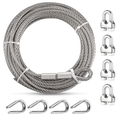 1/4" Steel Rope 1/4 Stainless Steel Cable Wire Rope Clamps Aircraft Cable Wrinch with Clamps and Thimble, 7X19 Strands Yard Zipline, Deck Railing, 6400lbs Breaking Strength, 50ft in Saudi Arabia