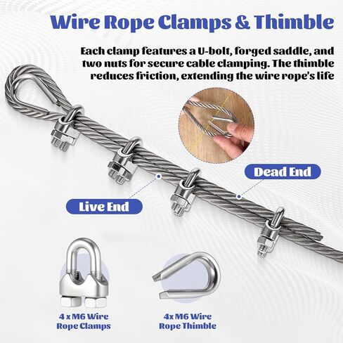 1/4" Steel Rope 1/4 Stainless Steel Cable Wire Rope Clamps Aircraft Cable Wrinch with Clamps and Thimble, 7X19 Strands Yard Zipline, Deck Railing, 6400lbs Breaking Strength, 50ft in Saudi Arabia