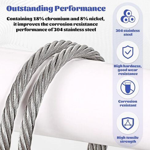1/4" Steel Rope 1/4 Stainless Steel Cable Wire Rope Clamps Aircraft Cable Wrinch with Clamps and Thimble, 7X19 Strands Yard Zipline, Deck Railing, 6400lbs Breaking Strength, 50ft in Saudi Arabia