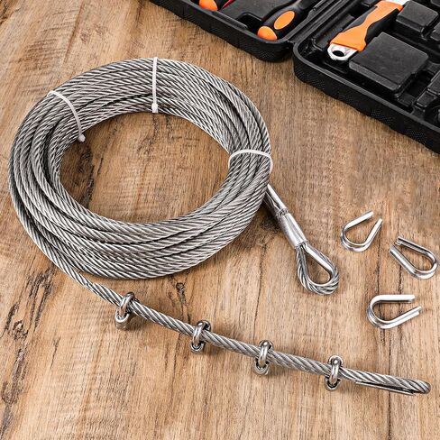 1/4" Steel Rope 1/4 Stainless Steel Cable Wire Rope Clamps Aircraft Cable Wrinch with Clamps and Thimble, 7X19 Strands Yard Zipline, Deck Railing, 6400lbs Breaking Strength, 50ft in Saudi Arabia