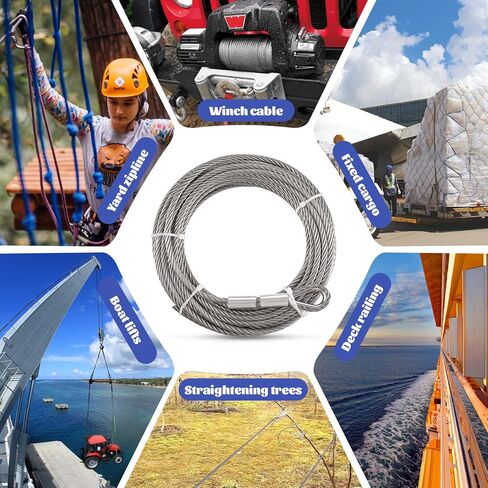 1/4" Steel Rope 1/4 Stainless Steel Cable Wire Rope Clamps Aircraft Cable Wrinch with Clamps and Thimble, 7X19 Strands Yard Zipline, Deck Railing, 6400lbs Breaking Strength, 50ft in Saudi Arabia