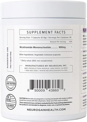 Neurogan NMN Supplement Capsules – Nicotinamide Adenine Dinucleotide Precursor Cellular Energy & Brain Focus Support – 500 mg High-Potency Nicotinamide Mononucleotide per Serving, 120 Count in Kuwait