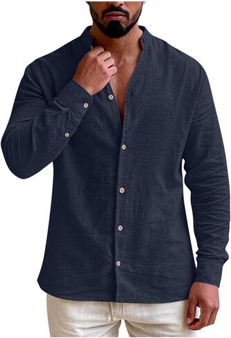 Men's Big and Tall Cotton Linen Shirts Long Sleeve Breathable V Neck Button Down Tshirts Summer Beach Vacation Tops in Saudi Arabia