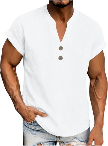 Linen Shirts for Men Summer Beach Vacation Henley V Neck Tshirts Big and Tall Button Up Tops Causal Short Sleeve Tees in Saudi Arabia
