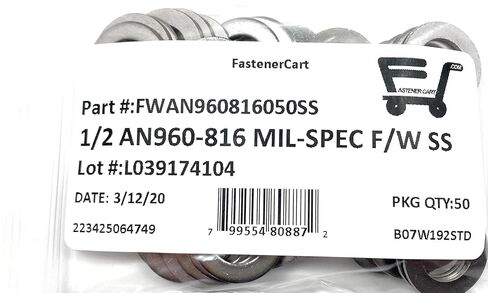 غسالات مسطحة 1/2 بوصة AN960-816 Mil-Spec من الفولاذ المقاوم للصدأ AN960-816 (1/2 ID x 7/8 OD x.062 THK) 50 قطعة in Kuwait