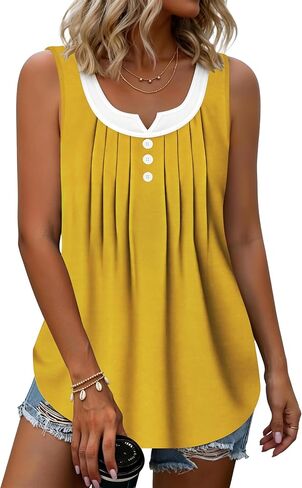 Womens Summer Tops Loose Fit Pleated Front Striped Tank Top Curved Hem Flowy Sleeveless Shirts in Kuwait