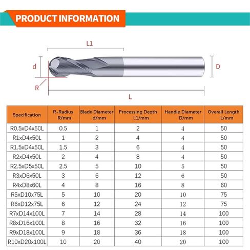 HRC45 Ball Nose End Mills Tungsten Steel Router Bit CNC Lathe Tools for Metal Mill Carbide Milling Cutter 5Pcs(R2xD4x100L) in Kuwait
