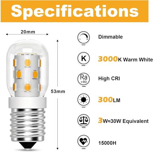 لمبة إضاءة LED للميكروويف تحت الغطاء 3 وات، 300 لومن، 30 وات مكافئة E17 لمبة LED قابلة للتعتيم لغطاء المطبخ، 3000 كلفن أبيض دافئ، عبوتان in Saudi Arabia