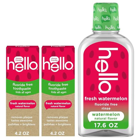 Hello Fresh Watermelon Fluoride Free Kids Toothpastes and Fluoride Free Kids Mouthwash Bundle Pack, Freshens Breath and Tastes Awesome, SLS Free Formulas, No Spicy Mint, Natural Watermelon Flavor in Saudi Arabia