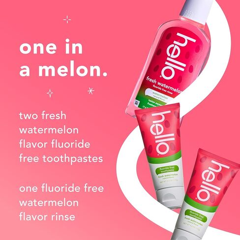 Hello Fresh Watermelon Fluoride Free Kids Toothpastes and Fluoride Free Kids Mouthwash Bundle Pack, Freshens Breath and Tastes Awesome, SLS Free Formulas, No Spicy Mint, Natural Watermelon Flavor in Saudi Arabia