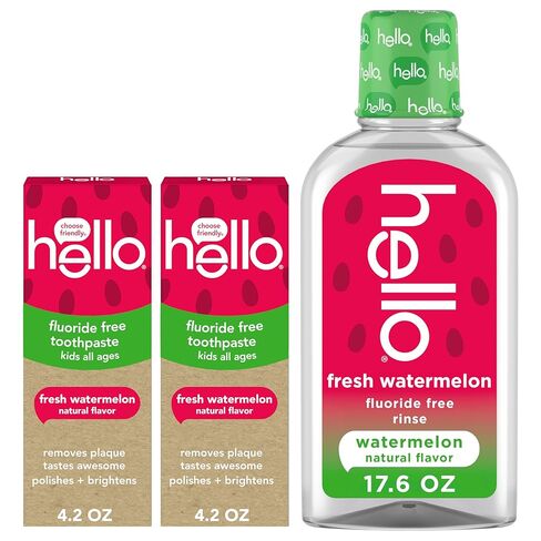 Hello Fresh Watermelon Fluoride Free Kids Toothpastes and Fluoride Free Kids Mouthwash Bundle Pack, Freshens Breath and Tastes Awesome, SLS Free Formulas, No Spicy Mint, Natural Watermelon Flavor in Saudi Arabia