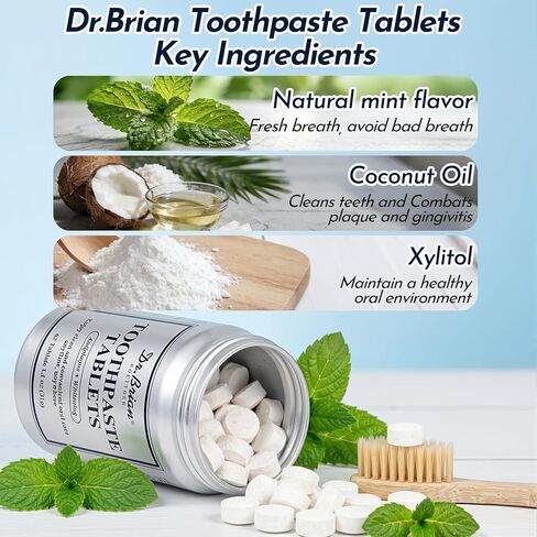 Dr.Brian Toothpaste Tablets - Nano Hydroxyapatite Toothpaste, Fluoride & Plastic Free, Eco & Travel Friendly Chewable Tablet, Remineralizing & Natural Whitening Mouthwash Tablets, 62 Tabs in Kuwait