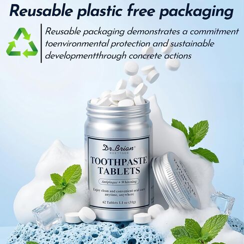 Dr.Brian Toothpaste Tablets - Nano Hydroxyapatite Toothpaste, Fluoride & Plastic Free, Eco & Travel Friendly Chewable Tablet, Remineralizing & Natural Whitening Mouthwash Tablets, 62 Tabs in Kuwait