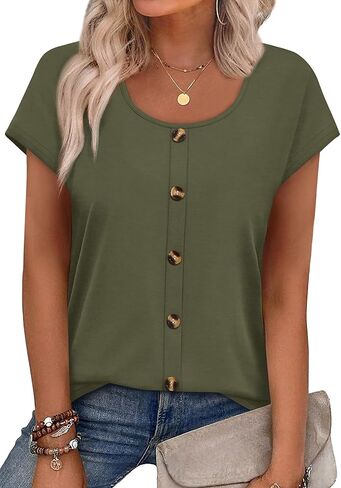 WIHOLL Womens Summer Tops Cap Short Sleeve Shirts Button Down Blouses U Neck T Shirts Fashion Clothing in Saudi Arabia
