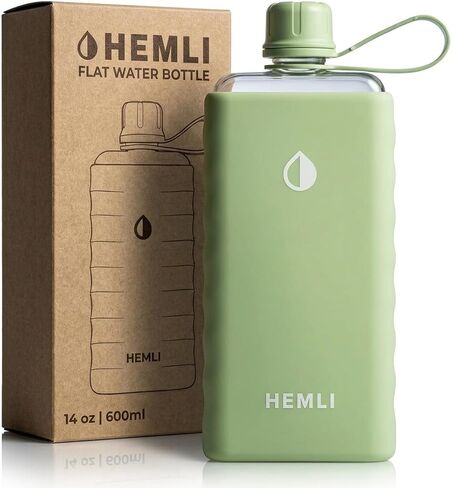 زجاجة مياه مسطحة من تريتان سعة 14 أونصة مع علبة من السيليكون، زجاجة مياه مربعة للسفر والحقائب والمحافظ، مقاومة للتسرب وخفيفة الوزن (أزرق فاتح) in Kuwait