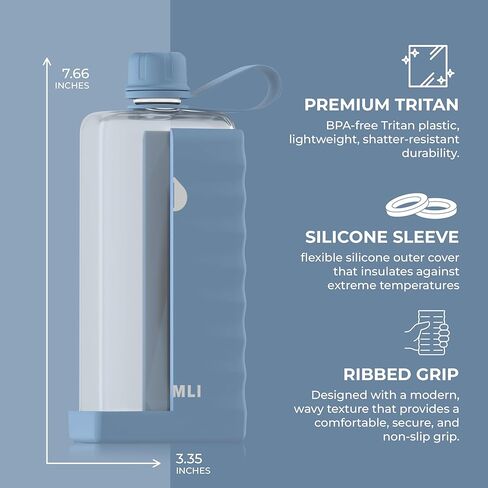 14 oz Tritan Flat Water Bottle with SIlicone Case, Square Water Bottle For Travel, Bags, and Purses, Slim Lightweight Leakproof (Light Blue) in Saudi Arabia