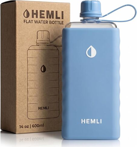 14 oz Tritan Flat Water Bottle with SIlicone Case, Square Water Bottle For Travel, Bags, and Purses, Slim Lightweight Leakproof (Light Blue) in Saudi Arabia