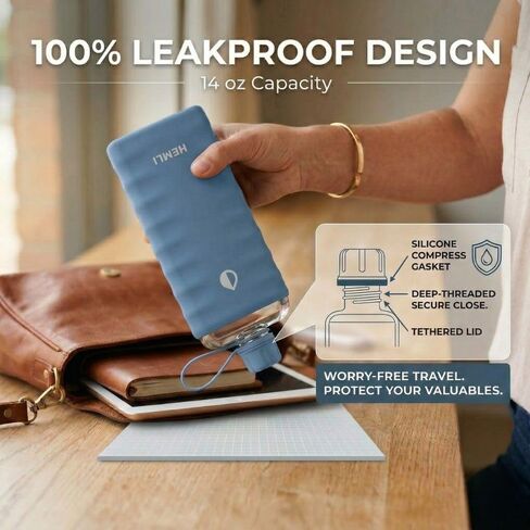 14 oz Tritan Flat Water Bottle with SIlicone Case, Square Water Bottle For Travel, Bags, and Purses, Slim Lightweight Leakproof (Light Blue) in Saudi Arabia