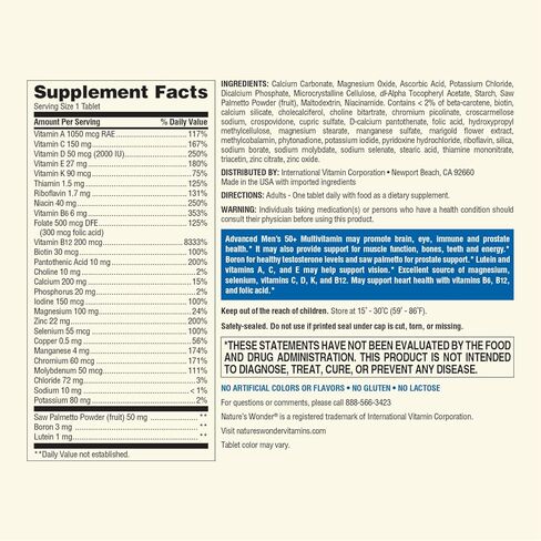 مكمل غذائي من Nature's Wonder Advanced للرجال 50+ متعدد الفيتامينات/المعادن المتعددة مع فيتامين D3 وفيتامين B 120 قرصًا، كمية تكفي 120 يومًا in Kuwait