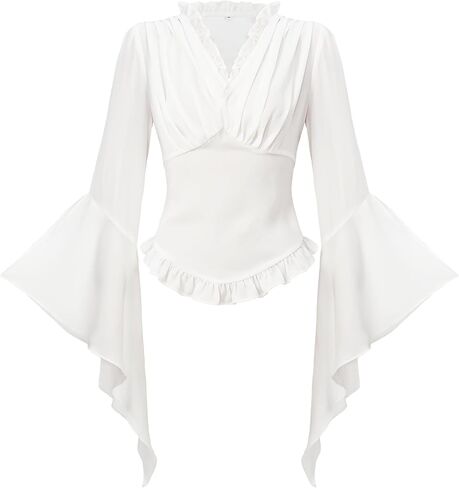 Womens Pirate Blouse Victorian Cosplay Shirts Gothic Vampire Top Renaissance White Ruffled V-Neck Long Sleeve in Saudi Arabia
