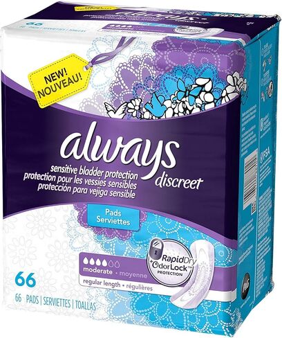 وسادات سلس البول من شركة Always Discreet للنساء، قدرة امتصاص ثقيلة للغاية، طول عادي، فوط ما بعد الولادة، 66 قطعة in Kuwait
