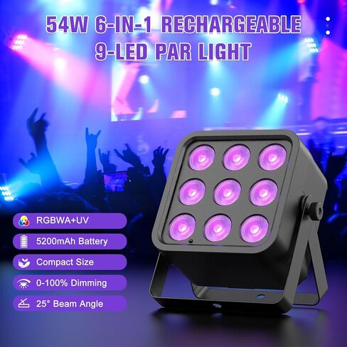 Rechargeable Stage Lights, 9 * 6W RGBWA UV 6-in-1 Battery Powered Par Lights, 6/8/10 CH Wireless Uplights DMX512 Control, Uplighting for Party, Wedding, Event, 1 Pack in Saudi Arabia