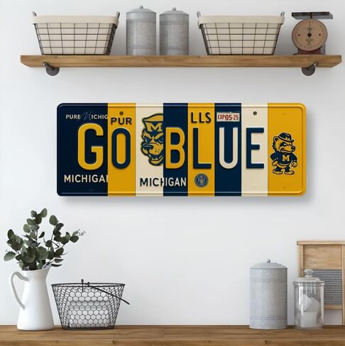 علامة لوحة ترخيص Michigan Go Blue Wolverines - لوحة فنية جدارية معدنية مقاس 16 × 6 بوصة من الألومنيوم - ذرة بحرية - ديكور غرفة النوم في كهف مروحة كبيرة - مقاومة للأشعة فوق البنفسجية جاهزة للتعليق على لافتة حائط الكلية in Saudi Arabia