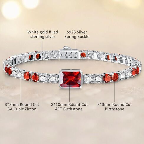 Birthstone Bracelets for Women Birthday Gifts 4CT Radiant Cut Birthstone 4mm Sterling Silver White Gold Tennis Bracelets for Women Round Cut 5A Cubic Zirconia Bezel Setting 7 Inch in Kuwait