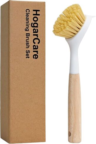 Dish Brush with Handle Wood Built-in Scraper, Scrub Brush for Pans, Pots, Saucepan, Kitchen Brushes for Sink and Stove, Yellow in Saudi Arabia