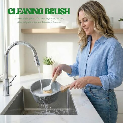 Dish Brush with Handle Wood Built-in Scraper, Scrub Brush for Pans, Pots, Saucepan, Kitchen Brushes for Sink and Stove, Yellow in Saudi Arabia
