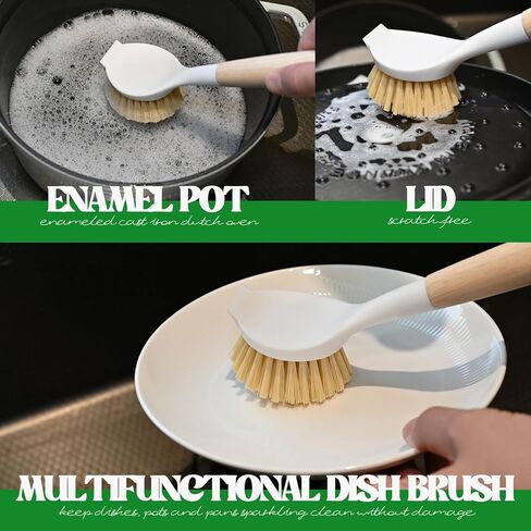 Dish Brush with Handle Wood Built-in Scraper, Scrub Brush for Pans, Pots, Saucepan, Kitchen Brushes for Sink and Stove, Yellow in Saudi Arabia