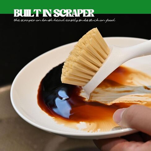 Dish Brush with Handle Wood Built-in Scraper, Scrub Brush for Pans, Pots, Saucepan, Kitchen Brushes for Sink and Stove, Yellow in Saudi Arabia