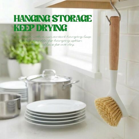 Dish Brush with Handle Wood Built-in Scraper, Scrub Brush for Pans, Pots, Saucepan, Kitchen Brushes for Sink and Stove, Yellow in Saudi Arabia