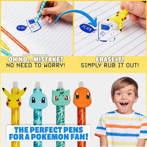 Pokemon Erasable Pens Set with 0.6mm Tip for Kids, Retractable Ballpoint Pens with 3D Toppers for School Drawing Writing Pikachu Anime Gifts for Kids (Multi Pikachu & Eevee) in Saudi Arabia