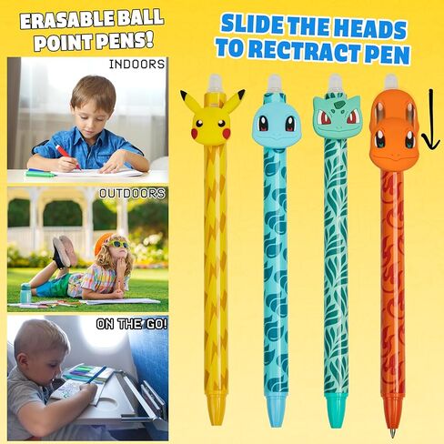 Pokemon Erasable Pens Set with 0.6mm Tip for Kids, Retractable Ballpoint Pens with 3D Toppers for School Drawing Writing Pikachu Anime Gifts for Kids (Multi Pikachu & Eevee) in Saudi Arabia