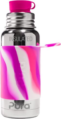 Pura Sport 16oz/473ml Insulated Bottle w/Sport Sleeve & Silicone Big Mouth Top - Stainless Steel, Warm & Cold, Leak-Proof & Spill-Proof for Kids, Toddlers, Preschoolers - Pink Swirl in Saudi Arabia