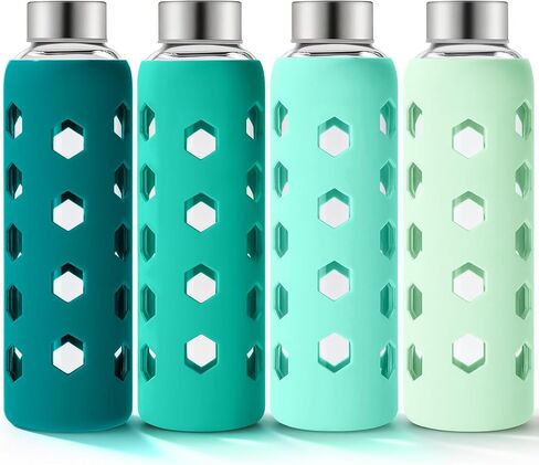 زجاجات عصير زجاجية من Mrsdry مع أغطية وأكمام من السيليكون سعة 18 أونصة، 4 زجاجات مياه زجاجية شفافة قابلة لإعادة الاستخدام مع غطاء محكم من الفولاذ المقاوم للصدأ للعصائر والثلاجة وجرة شرب مانعة للتسرب خالية من مادة BPA in Kuwait