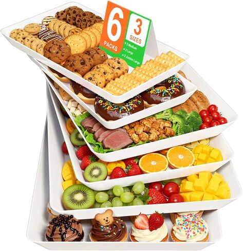 6-Pack Serving Tray for Parties, Serving Platter in 3 Sizes for Entertaining, Food Display, Plastic Trays for Cookies, Stackable Rectangular Platters for Family(White) in Saudi Arabia