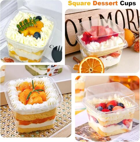 25 قطعة من أكواب الحلوى الشفافة المربعة الصغيرة من YOIYINI مع أغطية وملاعق، وحاويات آيس كريم بلاستيكية، وأكواب فاكهة مع غطاء للحفلات، وأكواب حلوى للاستعمال مرة واحدة للفواكه والسلطات والكب كيك والبارفيه والبودينج in Kuwait